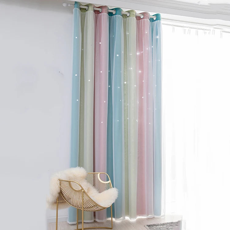 Rainbow Hollow-Out Star Blackout Curtains for Girl Kid Nursery Bedroom and Living Room Double Layer Window Cute Grommet Curtains