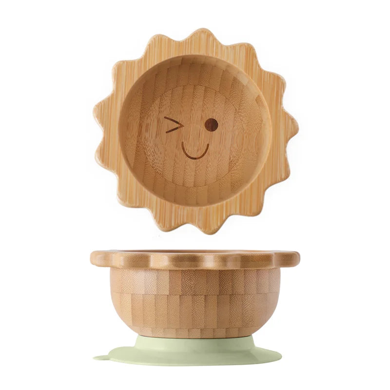 Baby Wooden Tableware Set Sun Bamboo Wooden Plate Bowl Silicone Suction Wooden Handle Fork Spoon for Newborn Feeding Supplies