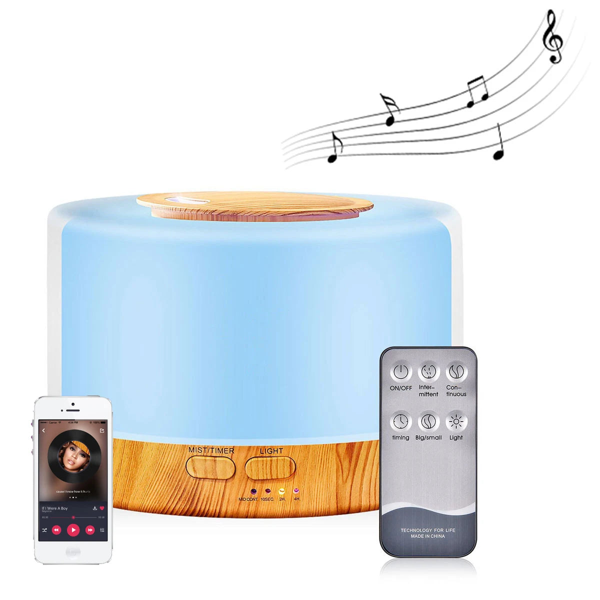 Ultrasonic Cool Mist Humidifier, Aroma Essential Oil Diffuser 7 Color Night Light with Bluetooth Music Speaker, Auto Shut Off