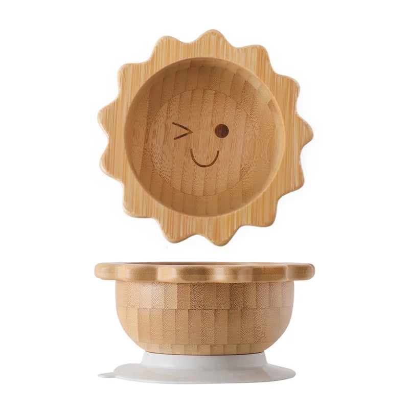 Baby Wooden Tableware Set Sun Bamboo Wooden Plate Bowl Silicone Suction Wooden Handle Fork Spoon for Newborn Feeding Supplies