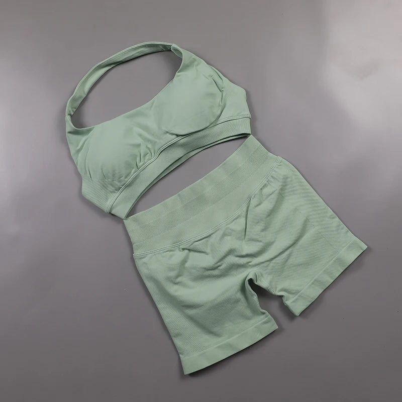 Seamless Fitness Yoga Set Women Gym Clothes Halter Sports Bra Matching Impact Shorts 2 Piece Workout Sets Outfit
