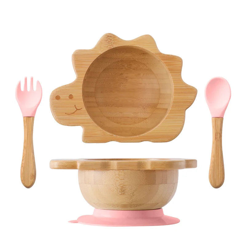 Baby Wooden Tableware Set Sun Bamboo Wooden Plate Bowl Silicone Suction Wooden Handle Fork Spoon for Newborn Feeding Supplies