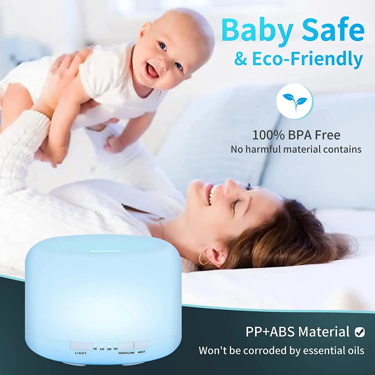 Ultrasonic Cool Mist Humidifier, Aroma Essential Oil Diffuser 7 Color Night Light with Bluetooth Music Speaker, Auto Shut Off