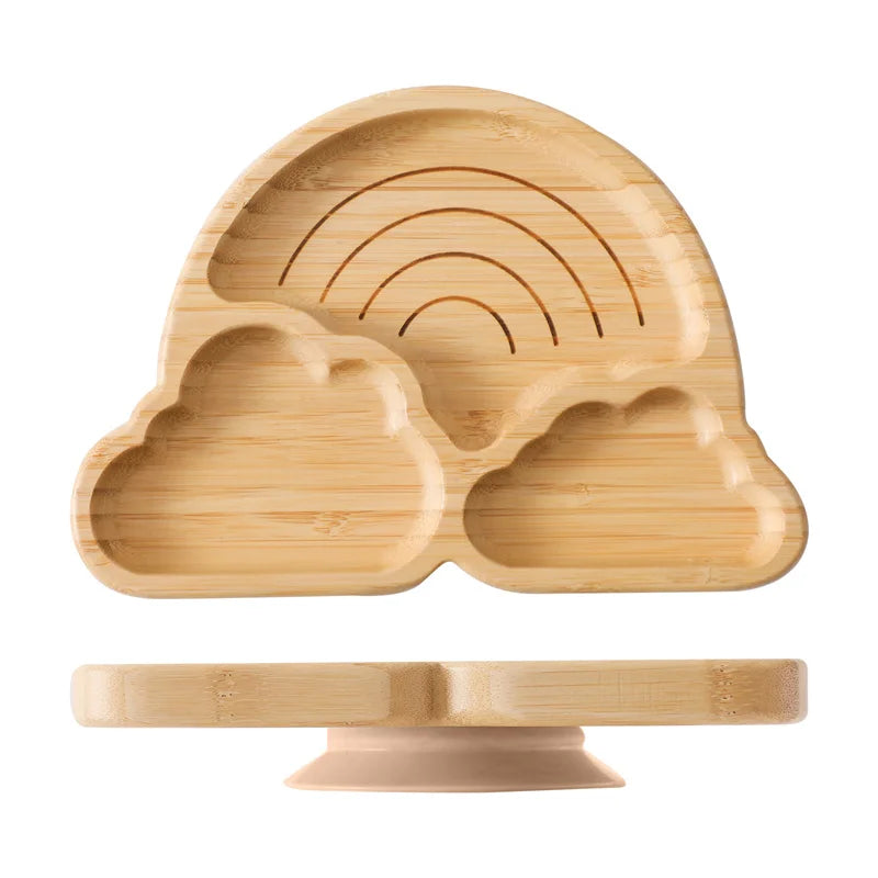 Baby Wooden Tableware Set Sun Bamboo Wooden Plate Bowl Silicone Suction Wooden Handle Fork Spoon for Newborn Feeding Supplies