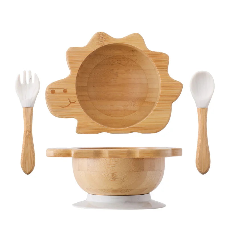 Baby Wooden Tableware Set Sun Bamboo Wooden Plate Bowl Silicone Suction Wooden Handle Fork Spoon for Newborn Feeding Supplies