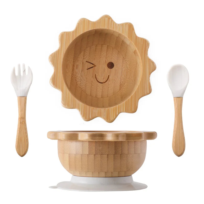 Baby Wooden Tableware Set Sun Bamboo Wooden Plate Bowl Silicone Suction Wooden Handle Fork Spoon for Newborn Feeding Supplies
