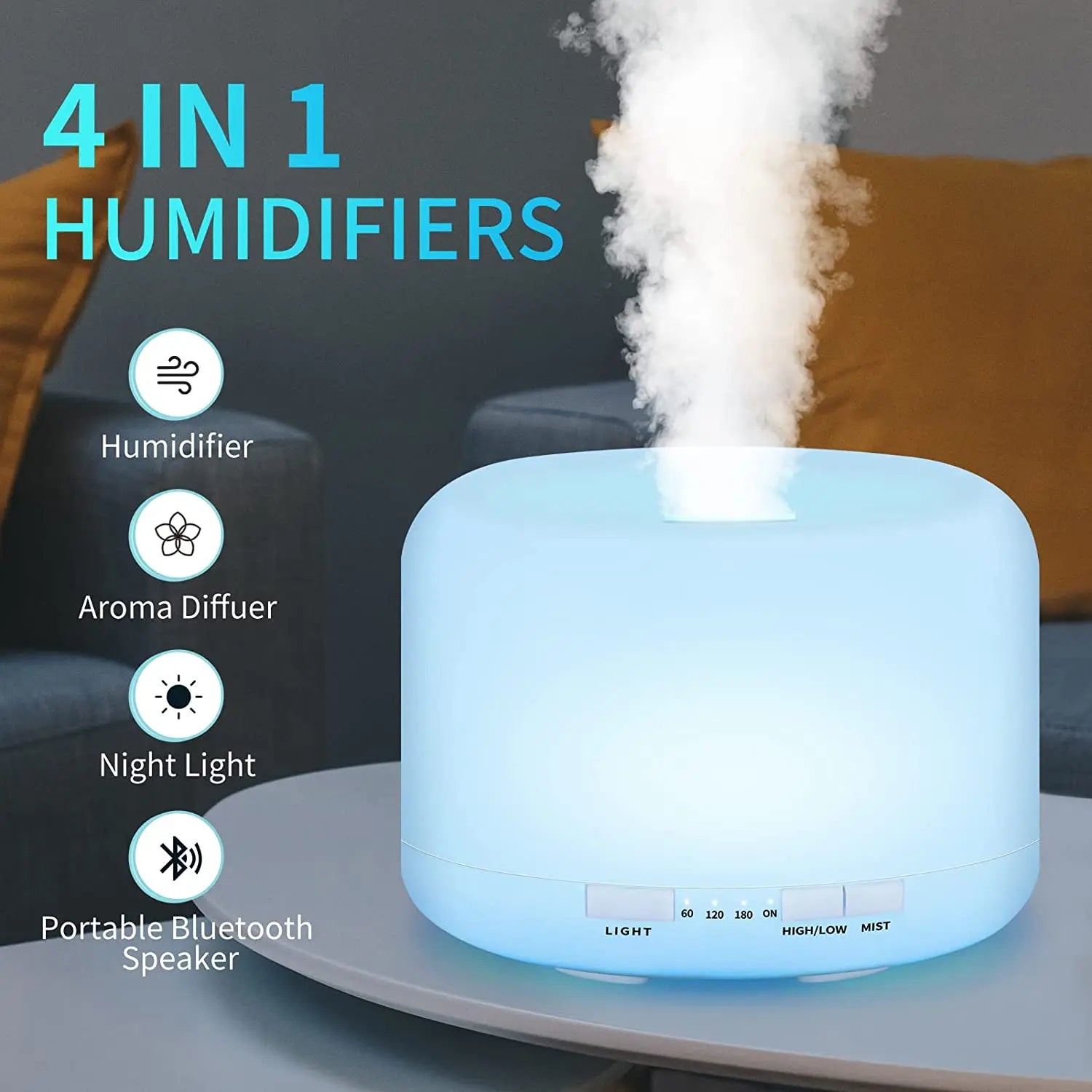 Ultrasonic Cool Mist Humidifier, Aroma Essential Oil Diffuser 7 Color Night Light with Bluetooth Music Speaker, Auto Shut Off