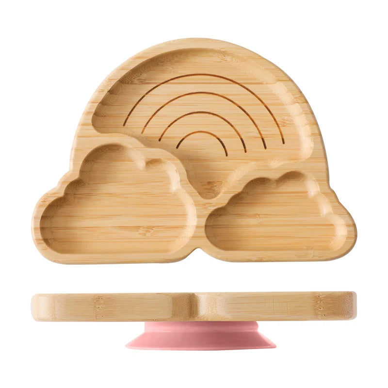 Baby Wooden Tableware Set Sun Bamboo Wooden Plate Bowl Silicone Suction Wooden Handle Fork Spoon for Newborn Feeding Supplies