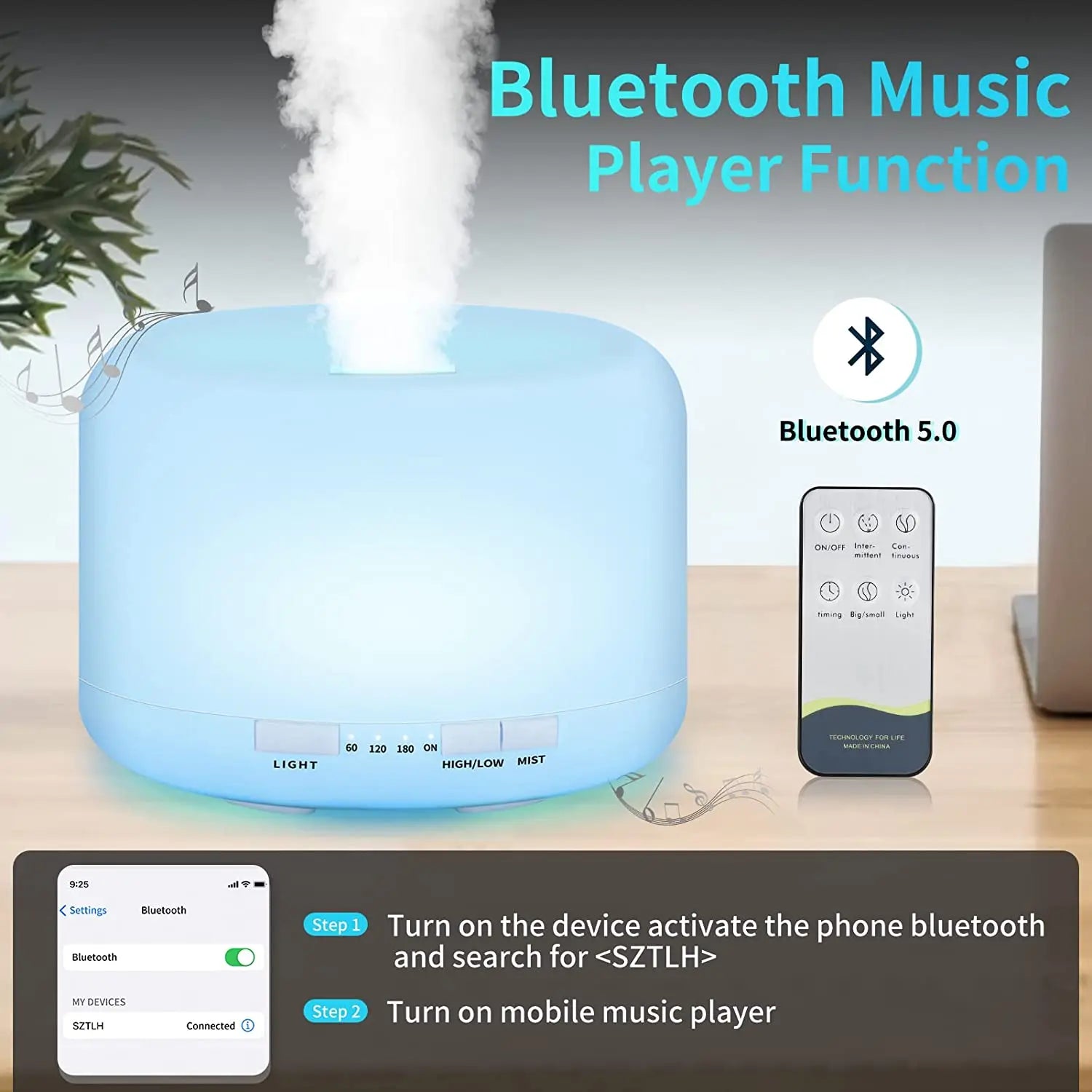 Ultrasonic Cool Mist Humidifier, Aroma Essential Oil Diffuser 7 Color Night Light with Bluetooth Music Speaker, Auto Shut Off