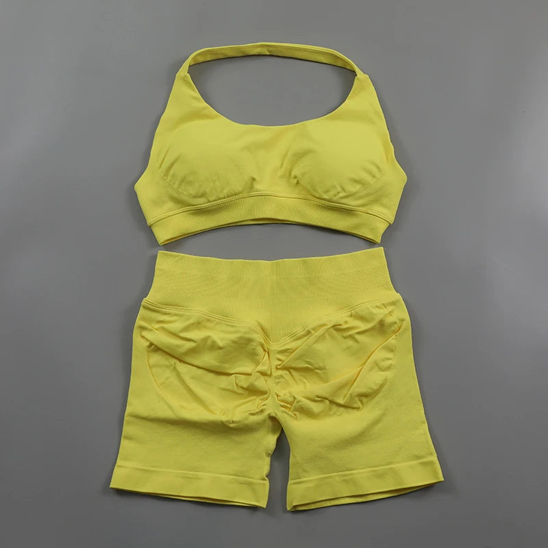 Seamless Fitness Yoga Set Women Gym Clothes Halter Sports Bra Matching Impact Shorts 2 Piece Workout Sets Outfit
