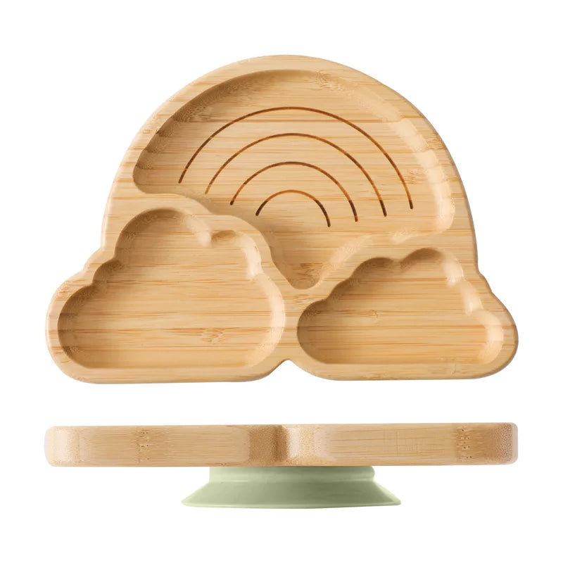 Baby Wooden Tableware Set Sun Bamboo Wooden Plate Bowl Silicone Suction Wooden Handle Fork Spoon for Newborn Feeding Supplies