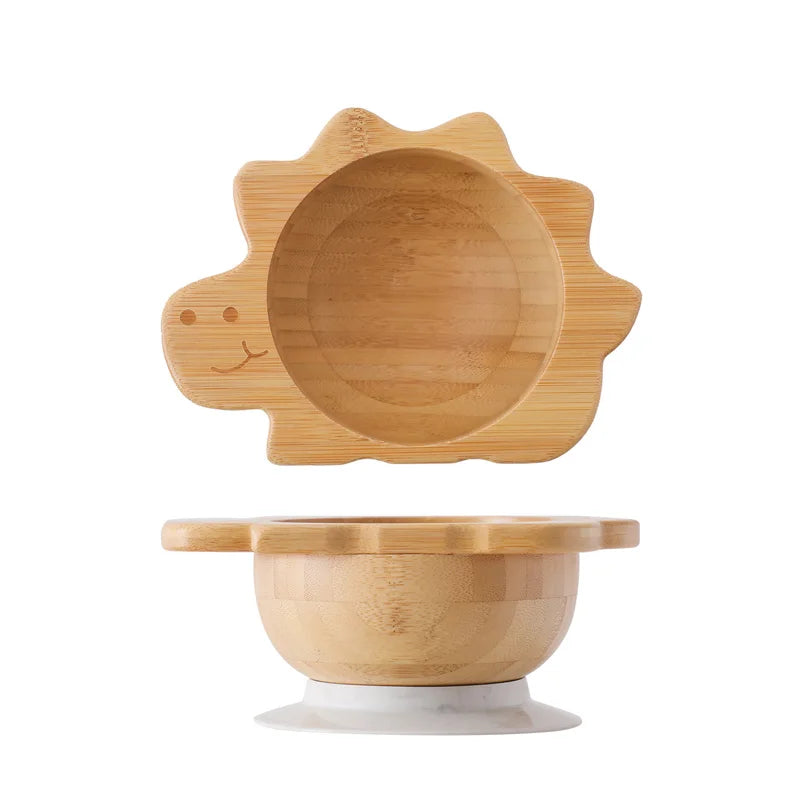 Baby Wooden Tableware Set Sun Bamboo Wooden Plate Bowl Silicone Suction Wooden Handle Fork Spoon for Newborn Feeding Supplies
