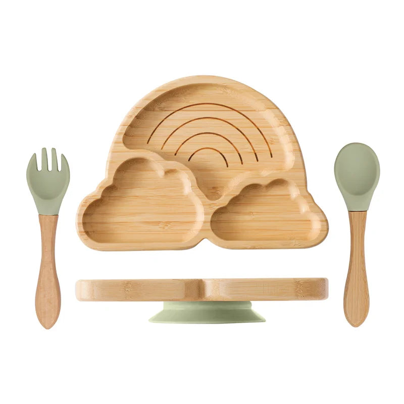 Baby Wooden Tableware Set Sun Bamboo Wooden Plate Bowl Silicone Suction Wooden Handle Fork Spoon for Newborn Feeding Supplies