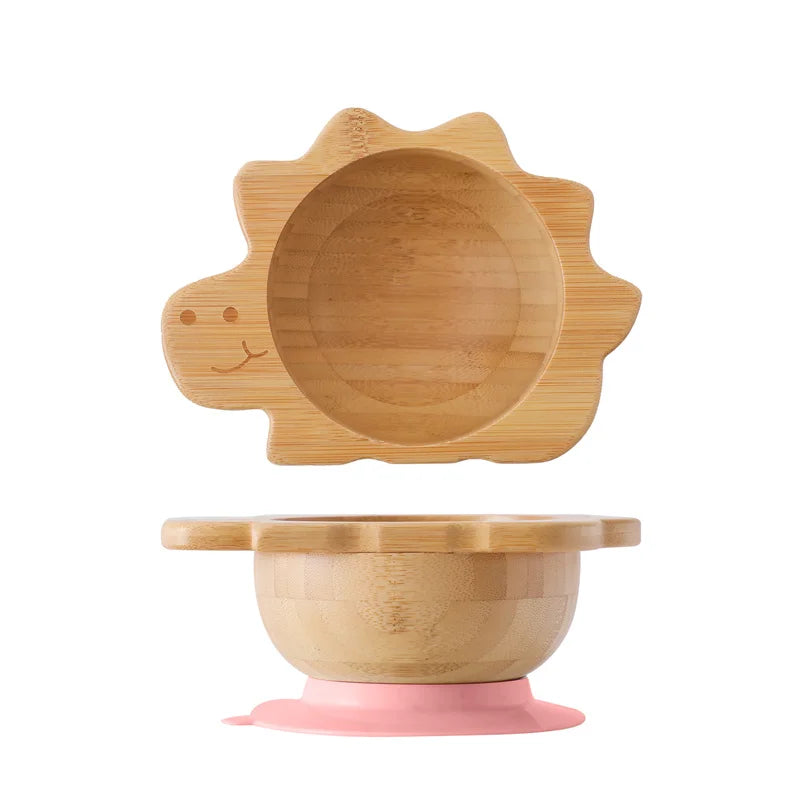 Baby Wooden Tableware Set Sun Bamboo Wooden Plate Bowl Silicone Suction Wooden Handle Fork Spoon for Newborn Feeding Supplies