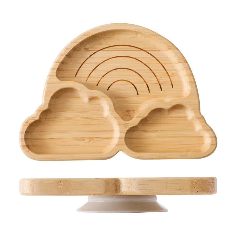 Baby Wooden Tableware Set Sun Bamboo Wooden Plate Bowl Silicone Suction Wooden Handle Fork Spoon for Newborn Feeding Supplies