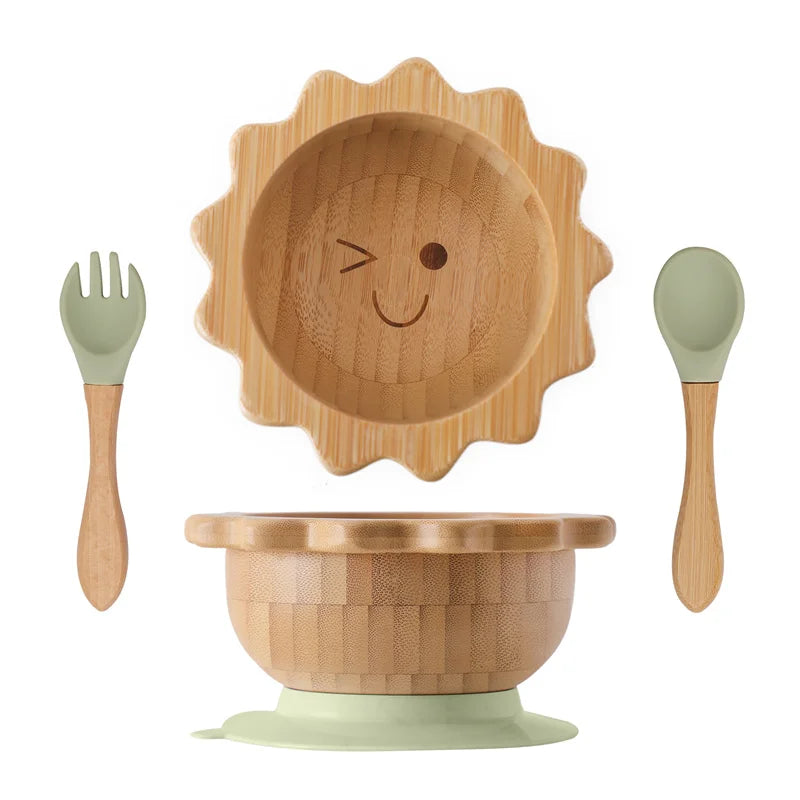 Baby Wooden Tableware Set Sun Bamboo Wooden Plate Bowl Silicone Suction Wooden Handle Fork Spoon for Newborn Feeding Supplies