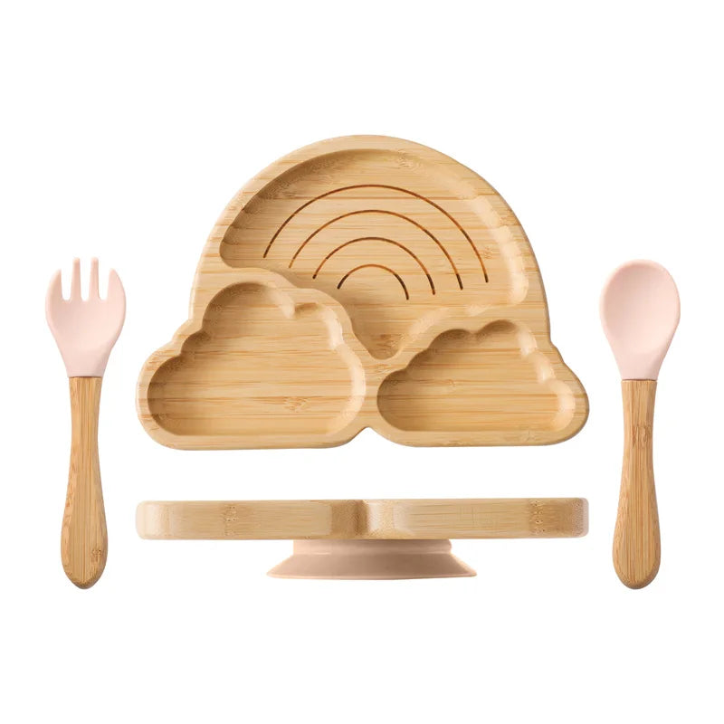 Baby Wooden Tableware Set Sun Bamboo Wooden Plate Bowl Silicone Suction Wooden Handle Fork Spoon for Newborn Feeding Supplies