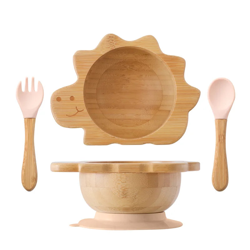 Baby Wooden Tableware Set Sun Bamboo Wooden Plate Bowl Silicone Suction Wooden Handle Fork Spoon for Newborn Feeding Supplies