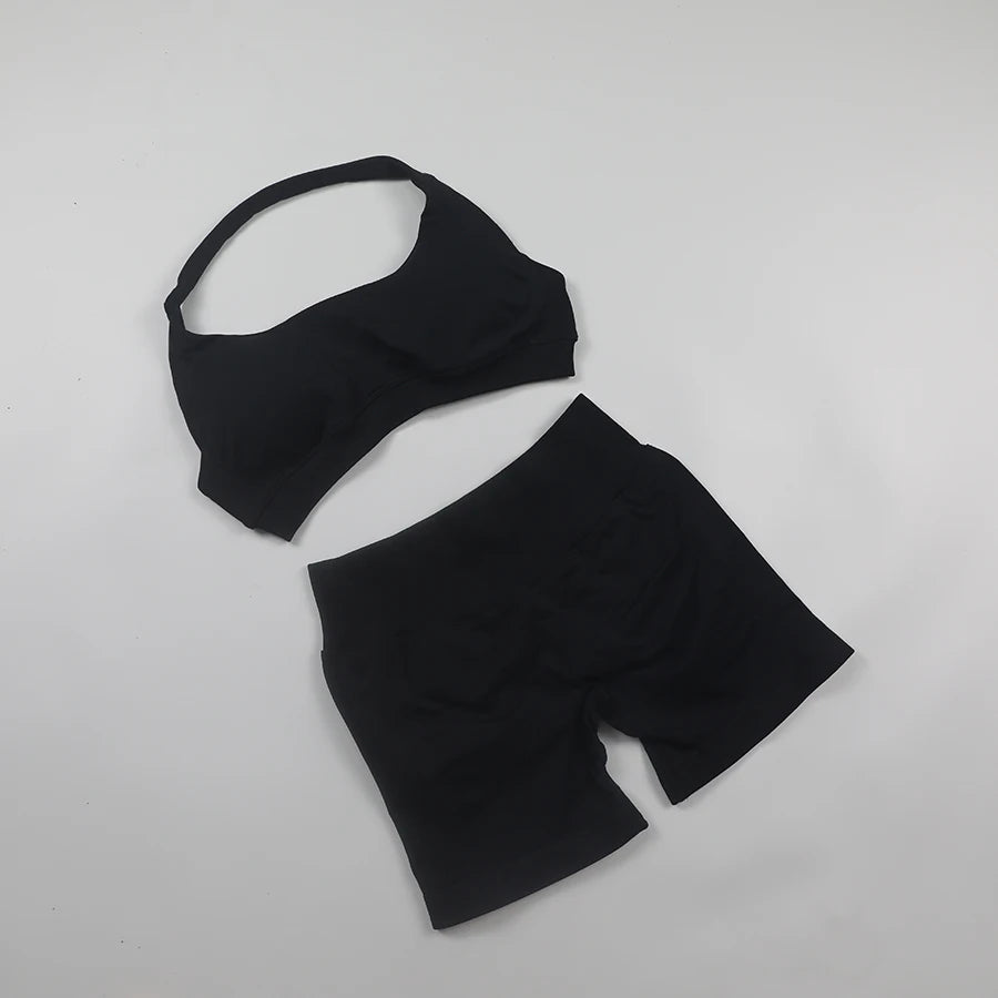 Seamless Fitness Yoga Set Women Gym Clothes Halter Sports Bra Matching Impact Shorts 2 Piece Workout Sets Outfit