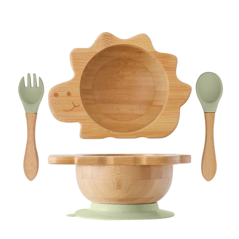 Baby Wooden Tableware Set Sun Bamboo Wooden Plate Bowl Silicone Suction Wooden Handle Fork Spoon for Newborn Feeding Supplies