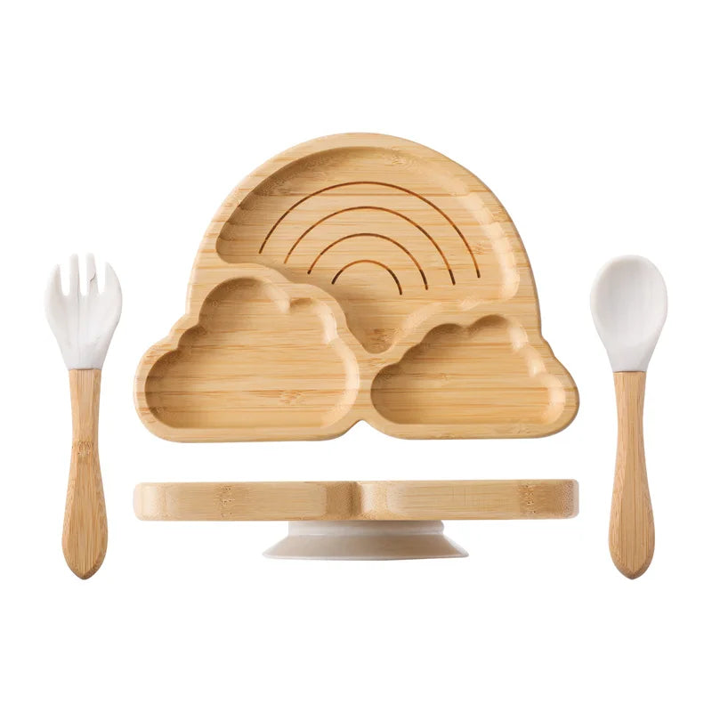 Baby Wooden Tableware Set Sun Bamboo Wooden Plate Bowl Silicone Suction Wooden Handle Fork Spoon for Newborn Feeding Supplies