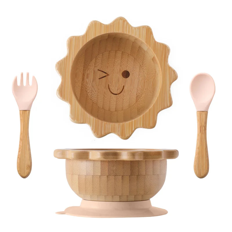 Baby Wooden Tableware Set Sun Bamboo Wooden Plate Bowl Silicone Suction Wooden Handle Fork Spoon for Newborn Feeding Supplies