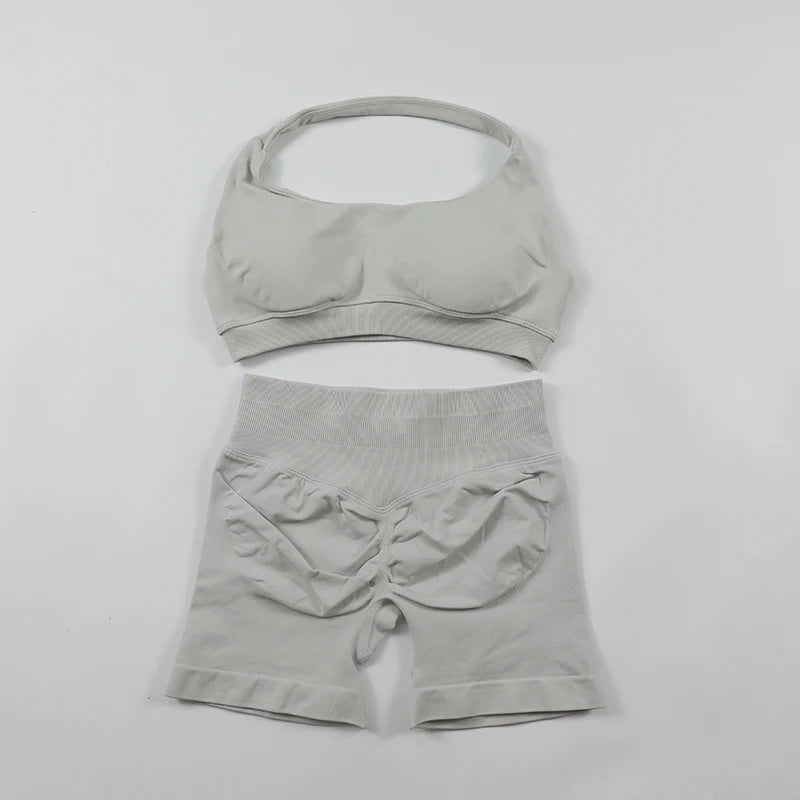 Seamless Fitness Yoga Set Women Gym Clothes Halter Sports Bra Matching Impact Shorts 2 Piece Workout Sets Outfit