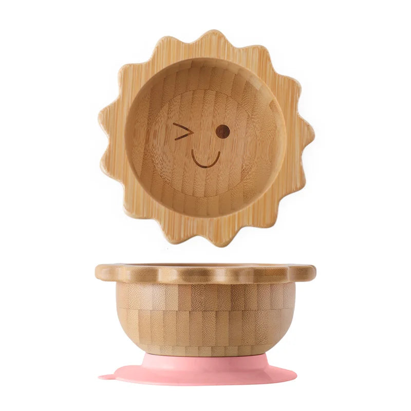 Baby Wooden Tableware Set Sun Bamboo Wooden Plate Bowl Silicone Suction Wooden Handle Fork Spoon for Newborn Feeding Supplies